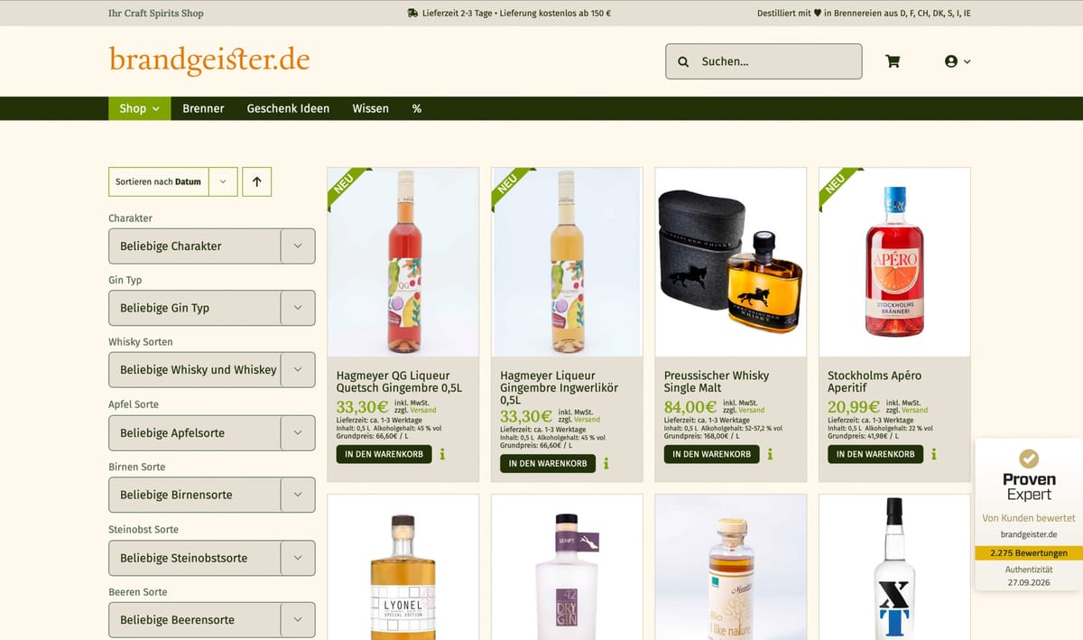 Online-Shop brandgeister.de für Craft Spirits und Spirituosen