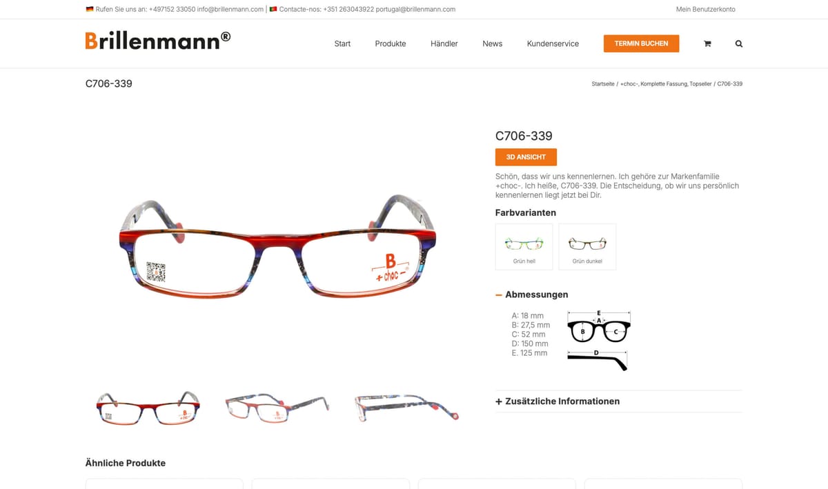 Produktseite des Brillenherstellers Brillenmann mit Brillenmodell und Produktdetails