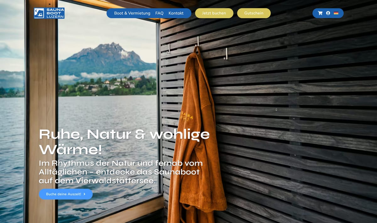 Website von Saunaboot Luzern mit Blick aus der Sauna auf den Vierwaldstättersee