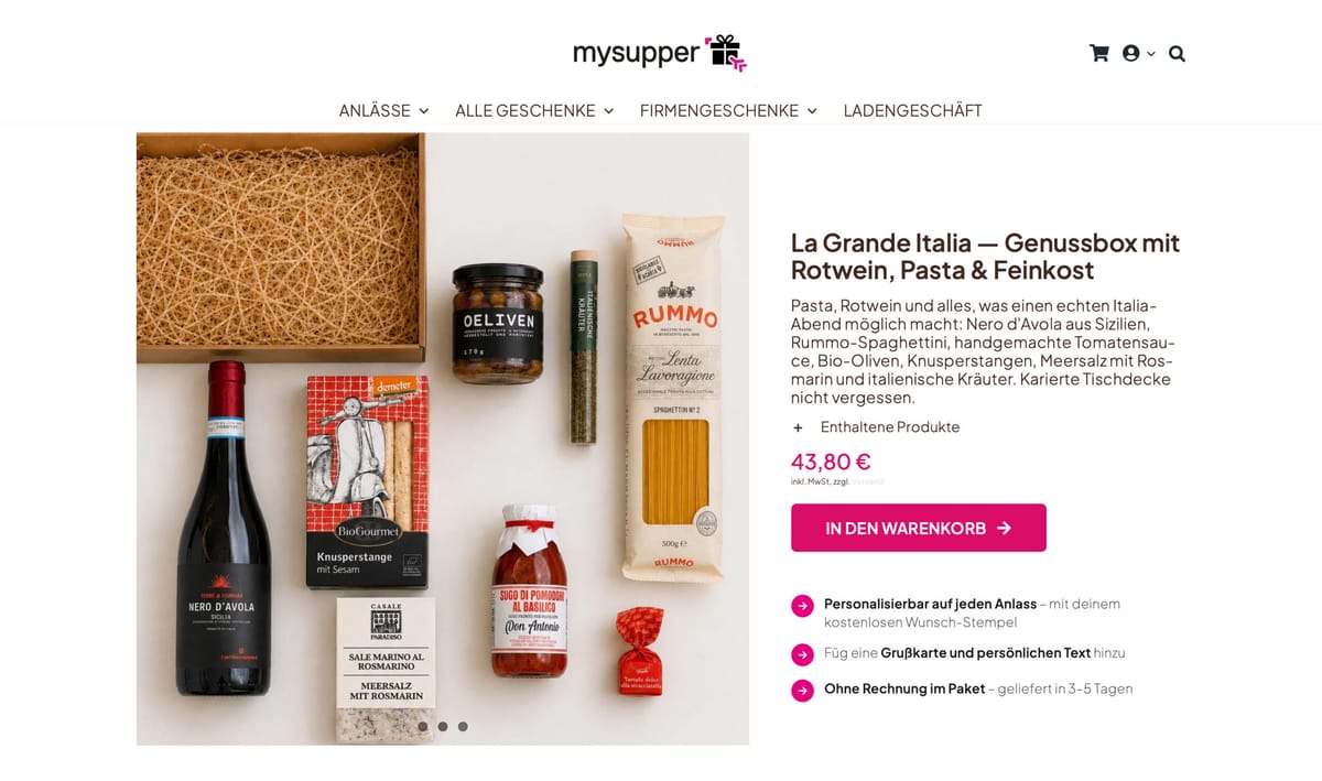 Online-Shop mysupper mit Geschenkbox La Grande Italia und italienischen Spezialitäten