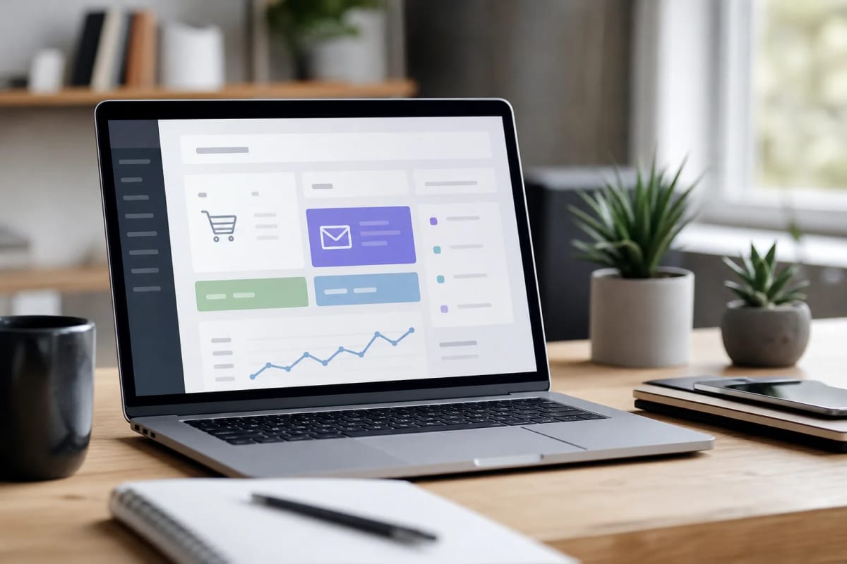 Abstrakte Illustration eines Onlineshop-Dashboards mit Warenkorb, E-Mail-Symbol und Preisschildern, ohne Logos oder nachgebildete Produktoberfläche.