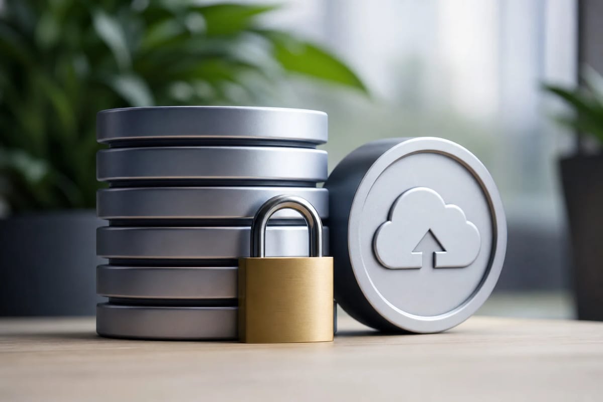Abstrakte Datenbank mit Sicherungskopie und geschlossenem Vorhängeschloss, ohne Logos oder nachgebildete Softwareoberfläche.