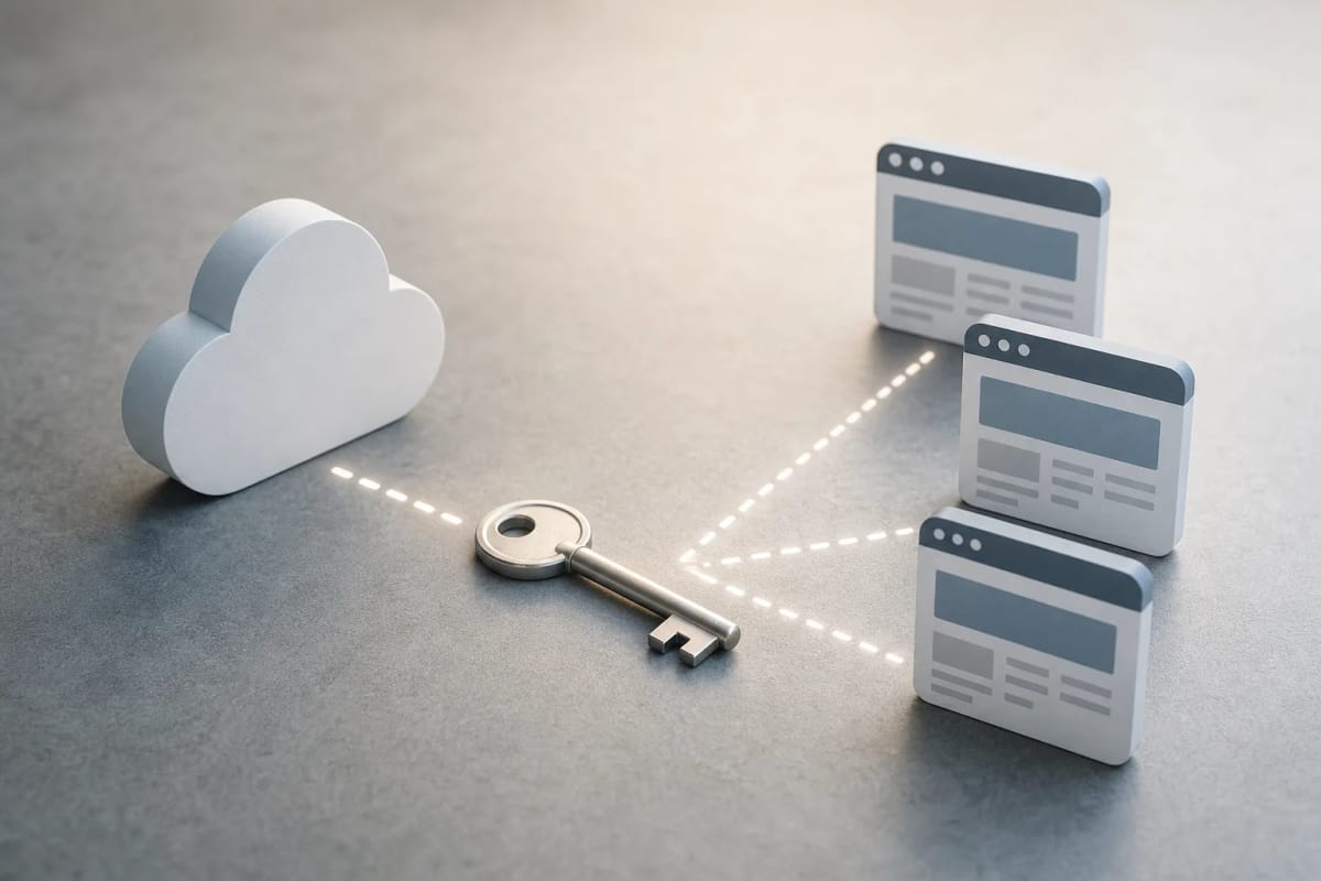 Abstrakte Darstellung eines digitalen Schlüssels zwischen einem Cloud-Symbol und mehreren Website-Symbolen, mit unterbrochenen Verbindungslinien, ohne Markenlogos oder konkrete Benutzeroberflächen.