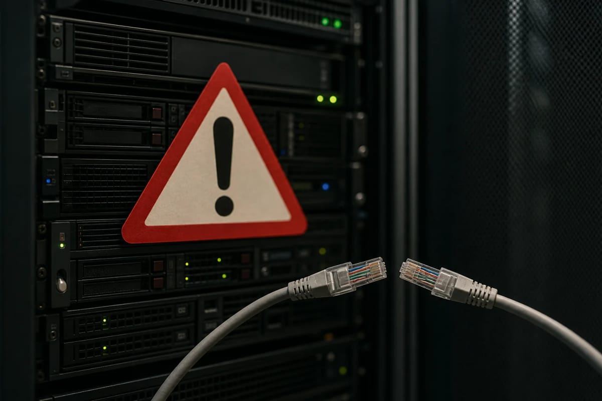 Abstrakte Darstellung eines Webservers mit Warnsymbol und unterbrochener Verbindung, ohne Logos oder erkennbare Produktoberflächen.