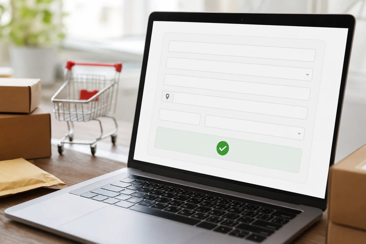 Neutrale Illustration eines Online-Bestellformulars mit Adressfeldern, Postleitzahl und einem Prüfzeichen, ohne Marken oder erkennbare Shop-Oberfläche.