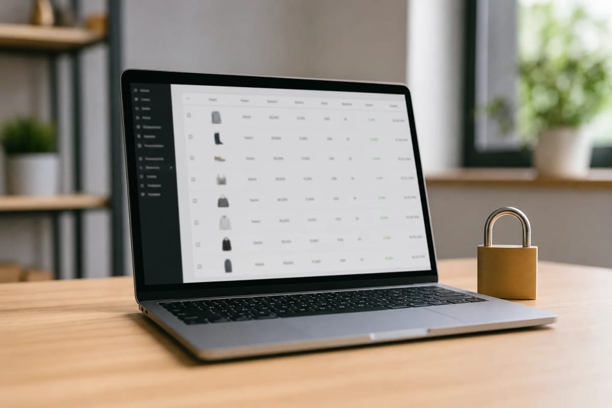 Neutrale Symbolaufnahme eines Laptops mit abstrakter Produkttabelle und einem Vorhängeschloss daneben, ohne Logos oder erkennbare Softwareoberfläche.