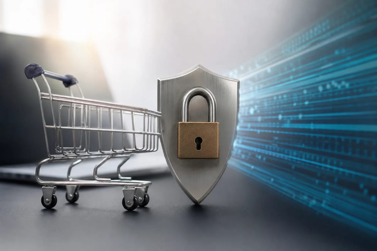 Symbolische Darstellung eines geschützten Online-Shops: neutraler Einkaufswagen neben einem Schild und abstrakten Datenströmen, ohne Logos oder konkrete Produktoberfläche.