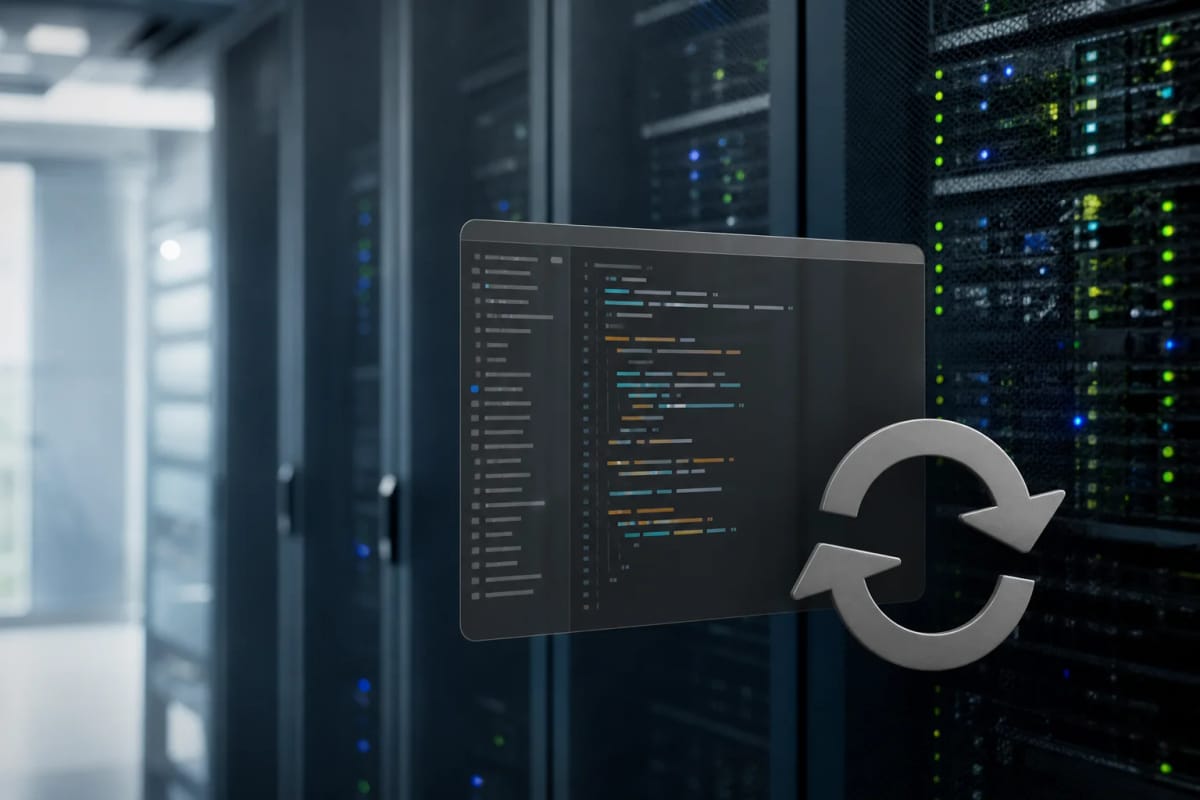 Abstrakte Serverumgebung mit einem neutralen Codefenster und einem Symbol für einen Versionswechsel, ohne Logos oder erkennbare Produktoberflächen.