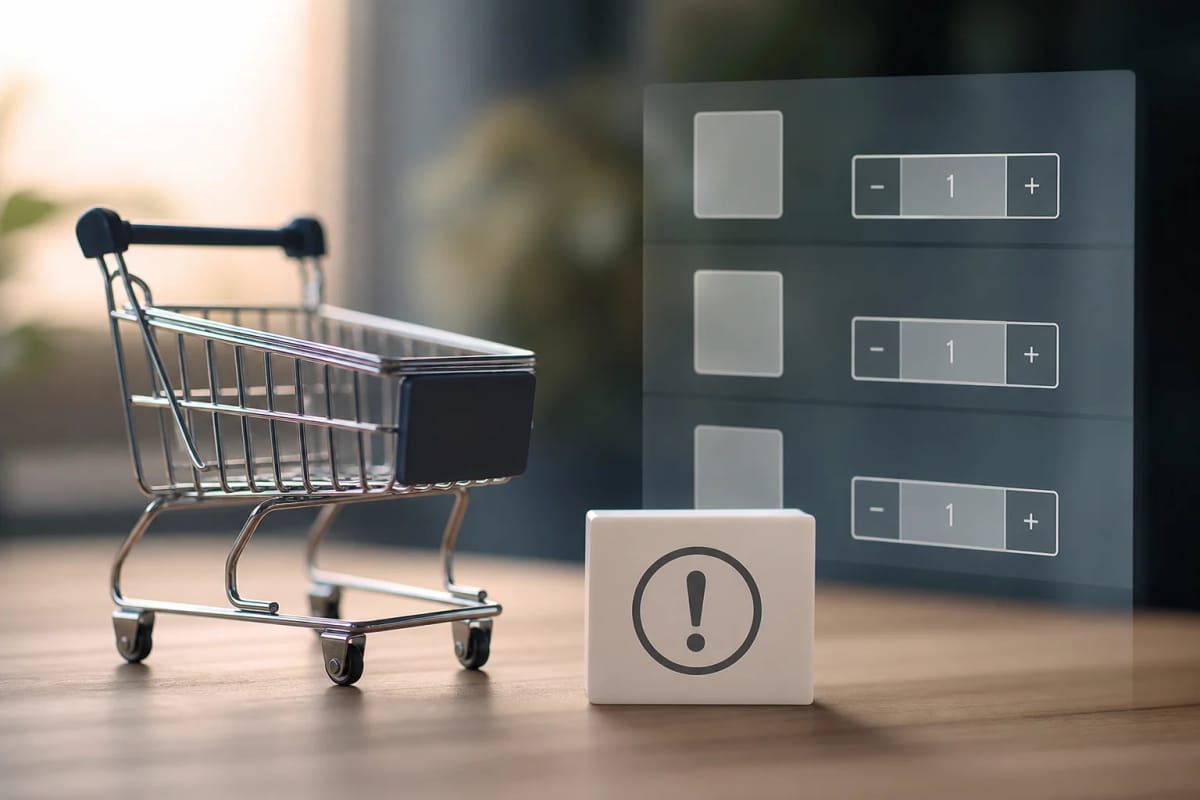 Abstrakte Darstellung eines digitalen Warenkorbs mit Mengenfeldern und einem neutralen Hinweissymbol, ohne Markenlogos oder konkrete Produktoberfläche.