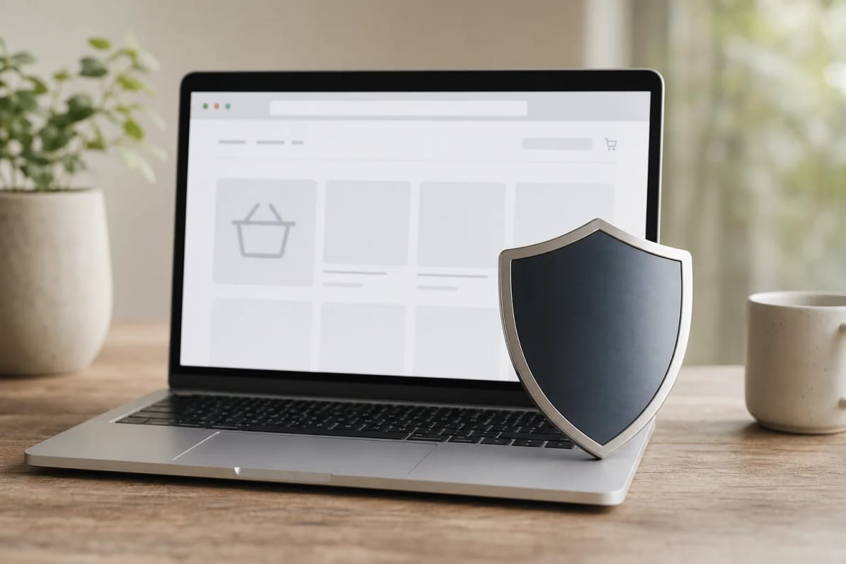 Abstraktes Schutzschild vor einem neutralen Browserfenster mit angedeuteter Shop-Oberfläche, ohne Logos oder erkennbare Produkte.