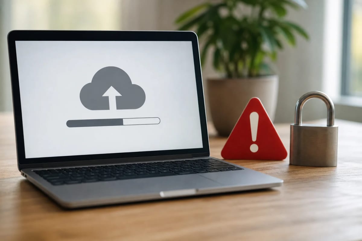 Symbolische Darstellung eines Datei-Uploads neben einem Warnschild und einem Schloss, ohne Produktlogos oder nachgebildete Programmoberfläche.