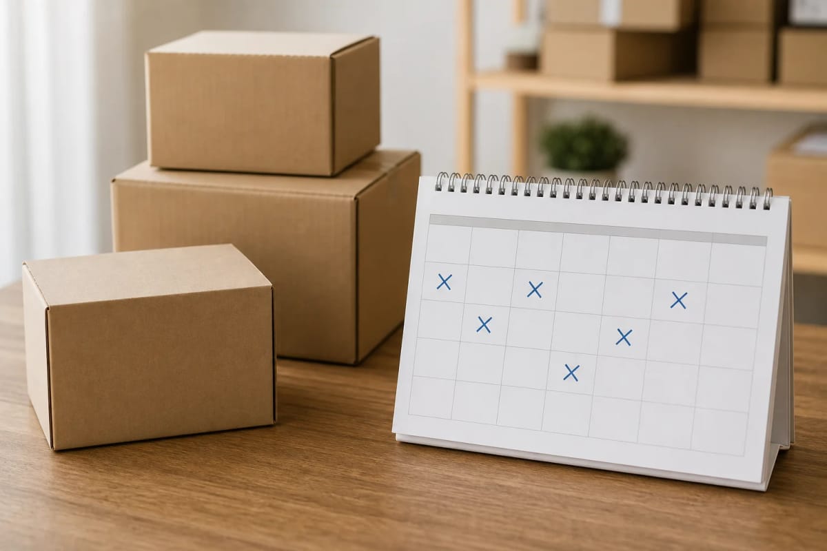 Neutrale Versandkartons neben einem Kalender mit wiederkehrend markierten Liefertagen, ohne Logos oder erkennbare Produktoberfläche.
