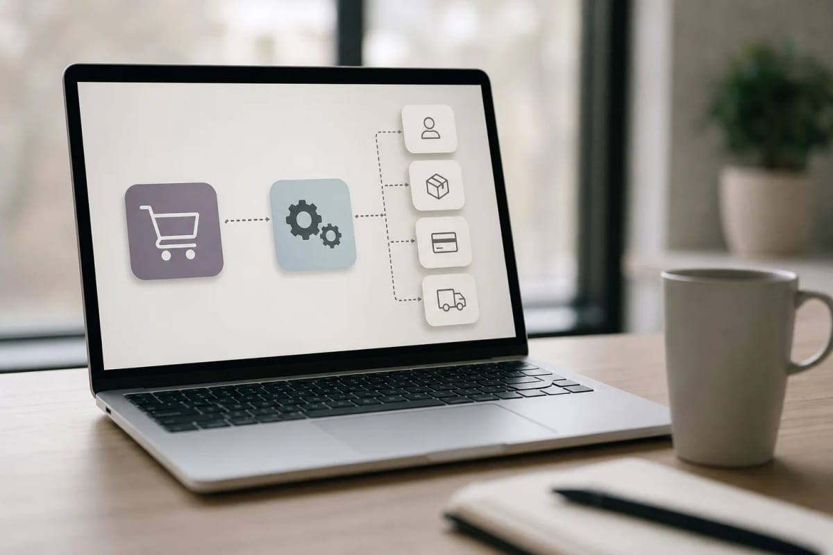 Abstrakte Darstellung eines Datenaustauschs zwischen einem Online-Shop und mehreren Schnittstellen, mit reduzierten Verarbeitungsschritten, ohne Logos.