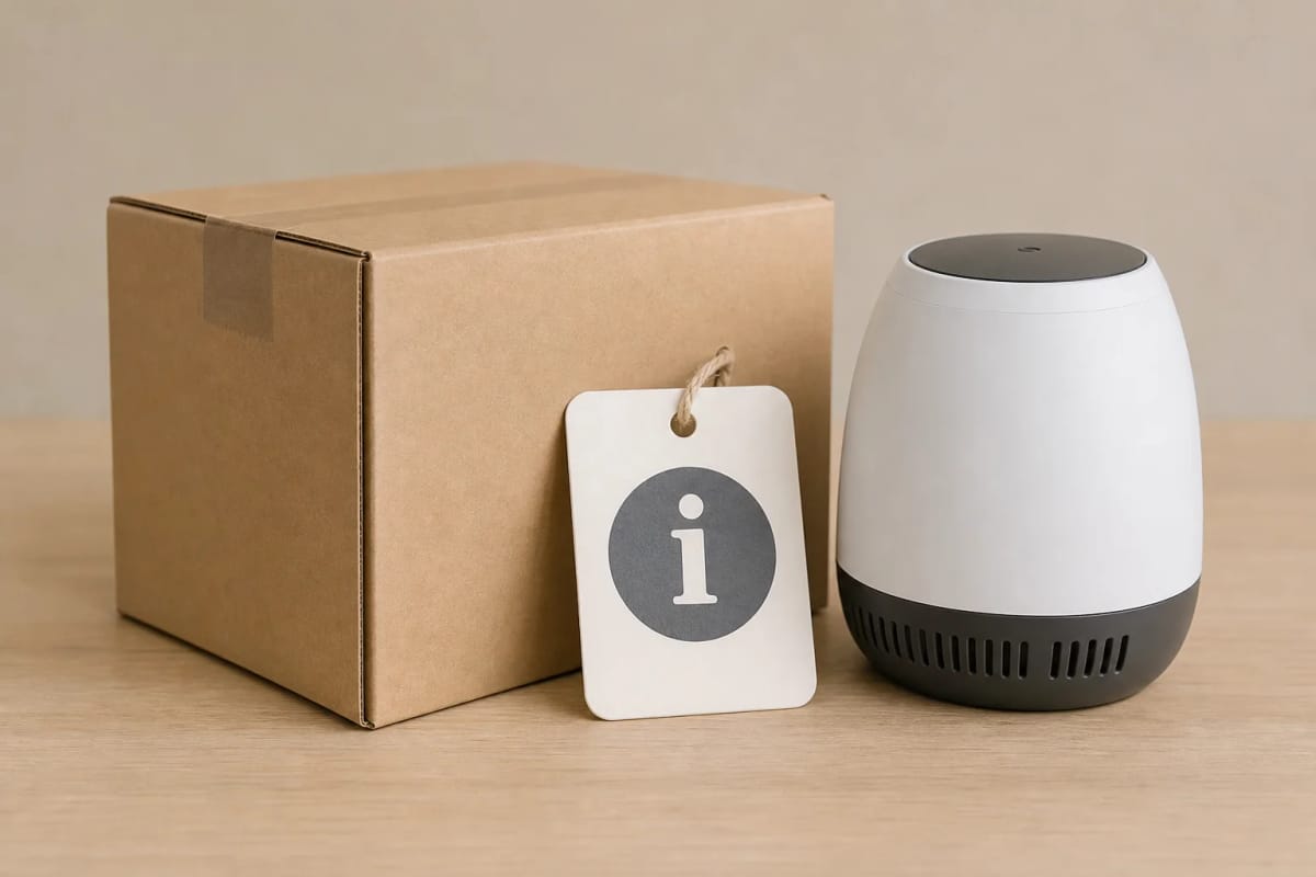 Neutrales Versandpaket neben einem allgemeinen Informationsetikett und einem stilisierten Elektrogerät vor schlichtem Hintergrund, ohne Marken oder nachgebildete offizielle Labels.