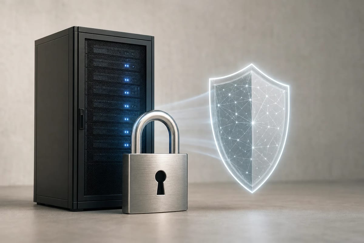 Abstrakte Darstellung eines geschützten Webservers mit Schlosssymbol vor einem neutralen Hintergrund, ohne Logos oder konkrete Produktoberfläche.