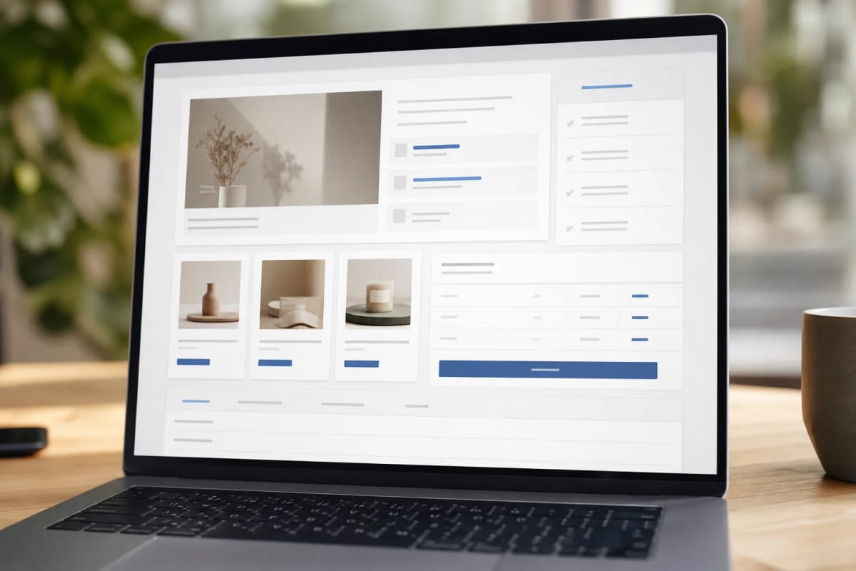 Abstrakte Shop-Oberfläche mit unterschiedlich angeordneten Inhaltskarten, Preisspalten und Reitern, ohne Logos oder Nachbildung eines konkreten Themes.