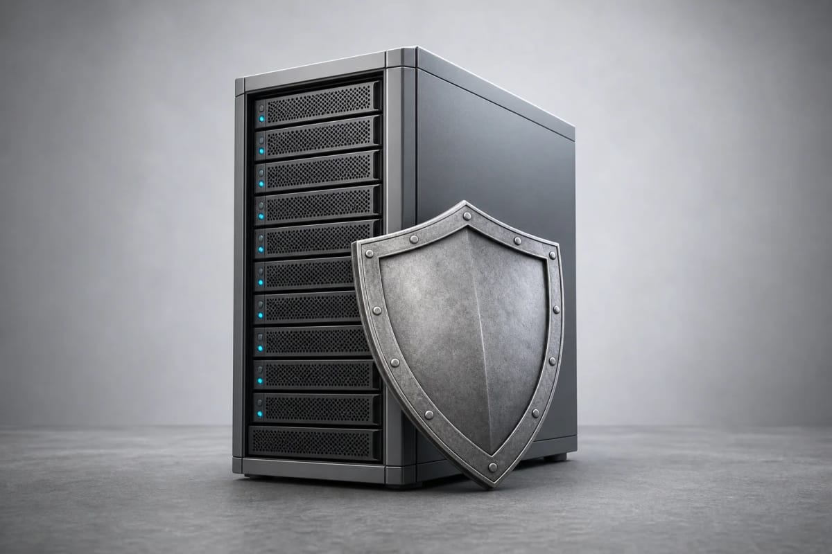 Symbolische Darstellung eines Servers mit Schutzschild vor neutralem Hintergrund, ohne Logos oder konkrete Produktoberflächen.