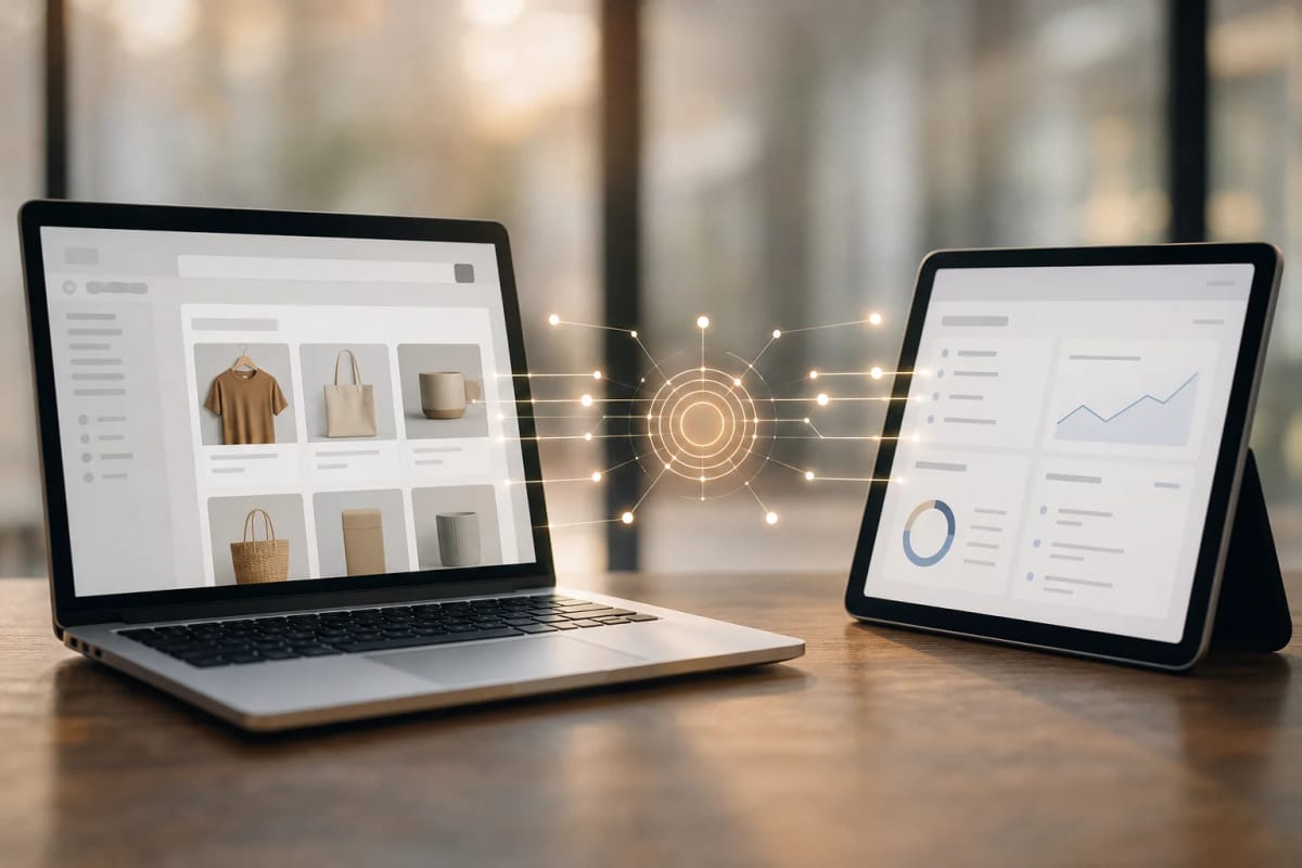 Abstrakte Darstellung eines Onlineshops und eines digitalen Assistenten, verbunden über eine zentrale Schnittstelle, ohne Logos oder konkrete Produktoberflächen.