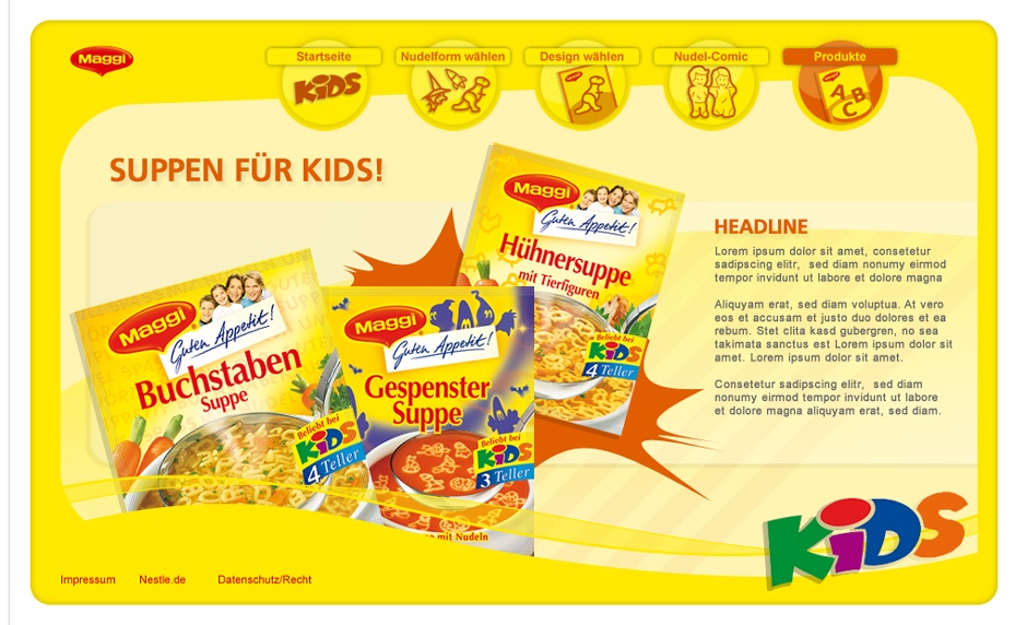 Ein Webseite für Kinder rund um die leckeren Nudelsuppen von Maggi